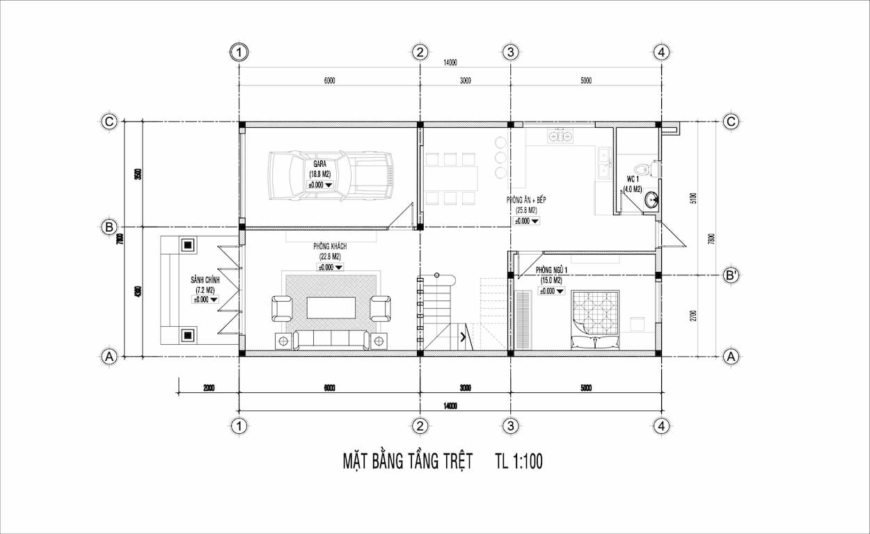 Bán bản vẽ thiết kế nhà phố mái thái mặt tiền 8m có sân để xe