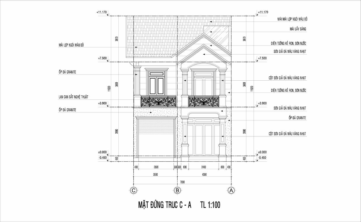 Bán bản vẽ thiết kế nhà phố mái thái mặt tiền 8m có sân để xe