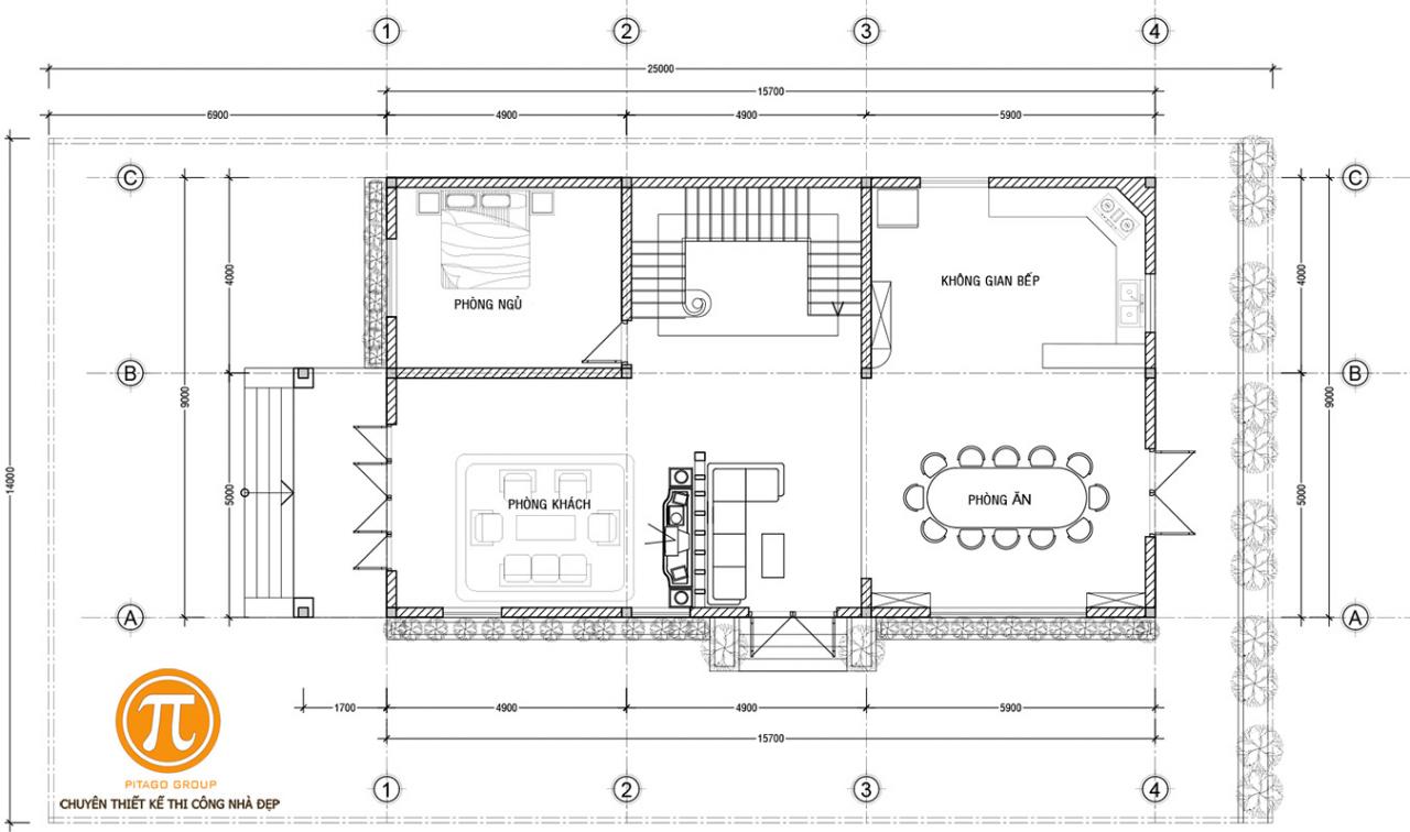 Mặt bằng Tầng Trệt Nhà Phố Mái Thái 2 Tầng 9 x 15m