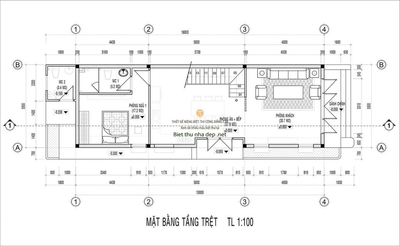 bản vẽ thiết kế nhà phố 2 tầng