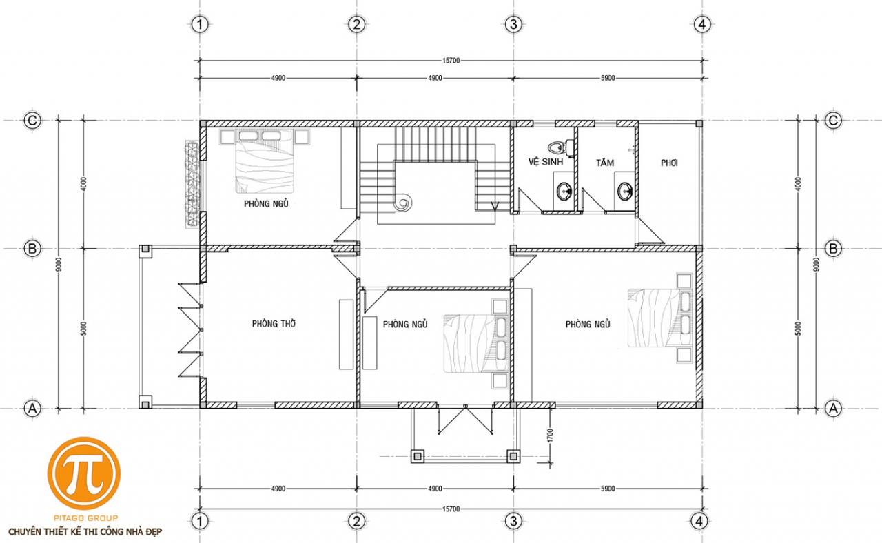 Mặt bằng Tầng 1 Nhà Phố Mái Thái 2 Tầng 9 x 15m 