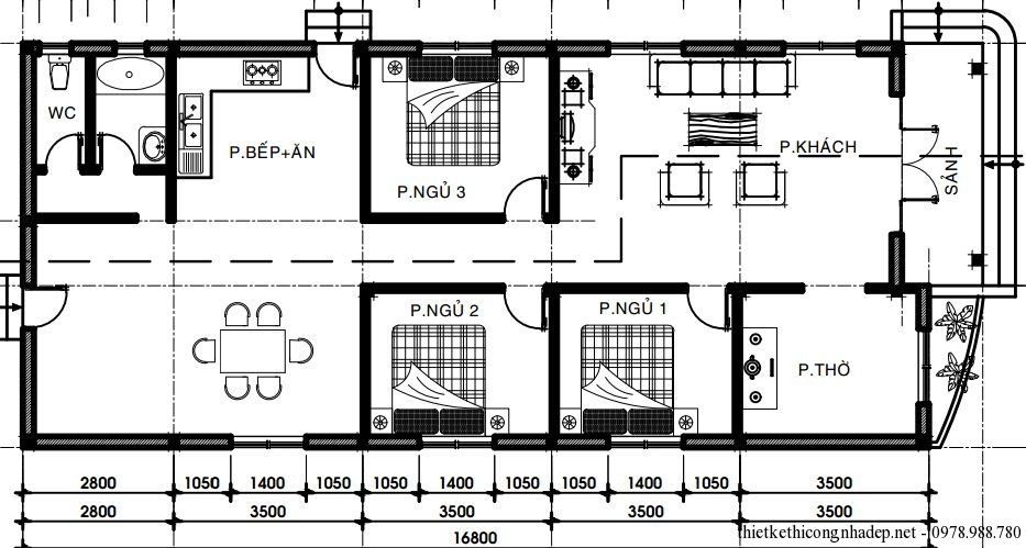 Bản thiết kế nhà cấp 4 ngang 6m dài 17m