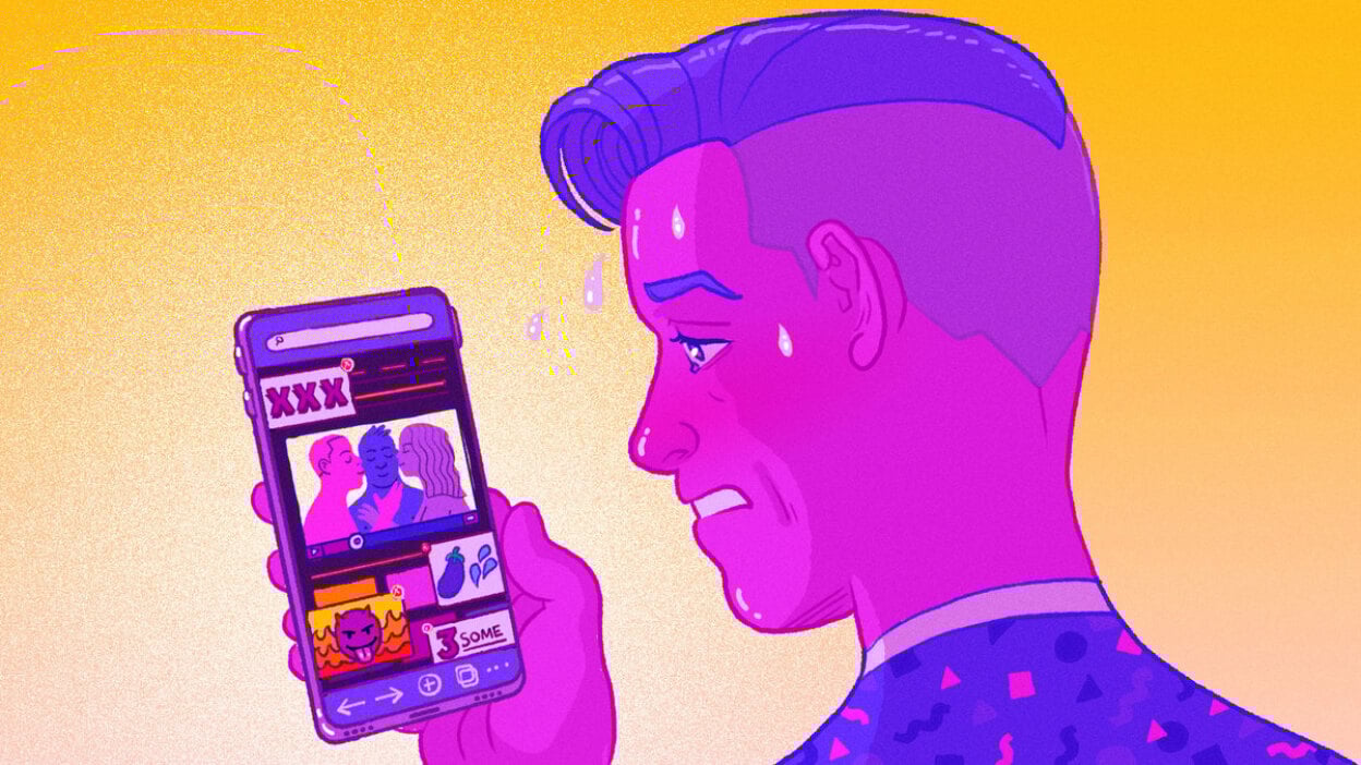 Illustration of a man looking at a porn site on his phone, which he's holding in his hand.Enjoy our exclusive catalogs with over 300 channels, 60,000 episodes, and new releases every d